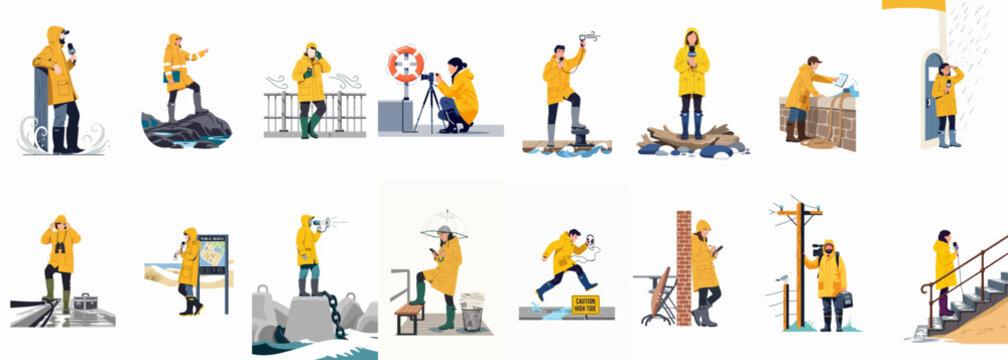 Set of illustrations depicting people in yellow raincoats engaged in various outdoor activities near water, in the rain, and at work.