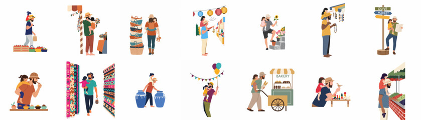 Fototapeta premium Collection of Illustrative Scenes Showing Fathers and Children Enjoying Various Shopping and Market Activities Together on a White Background.