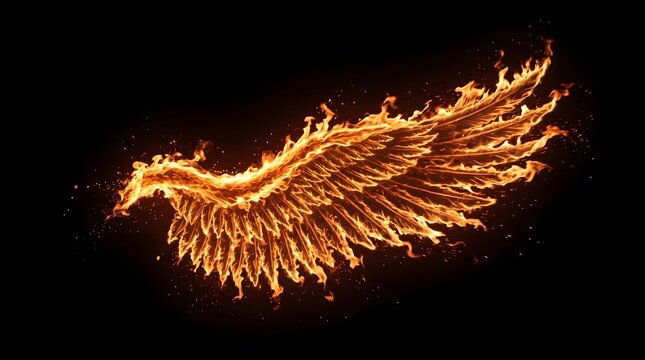 Dynamic fiery wings glowing with vibrant orange and red flames against a stark black backdrop, evoking a powerful mythical aura of freedom, strength, and transformation