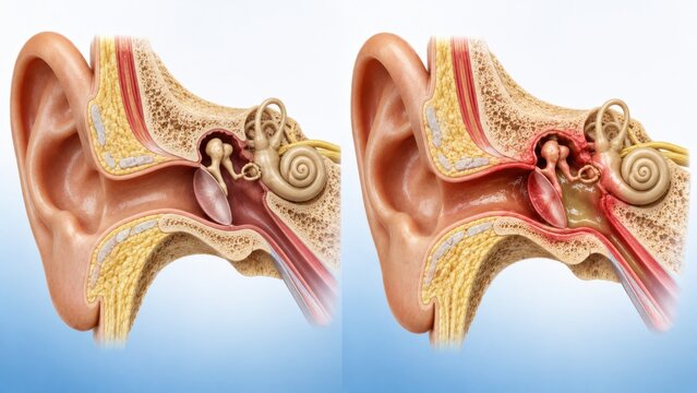 Medical illustration of human ear anatomy comparing normal ear to ear with otitis media infection.