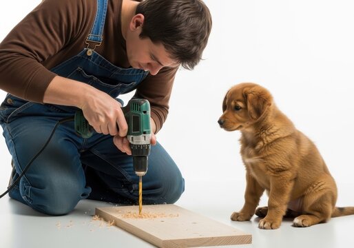 Lego robot and brown dog sitting together on floor