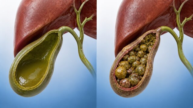 Medical illustration of human gallbladder with gallstones and healthy gallbladder with bile fluid.