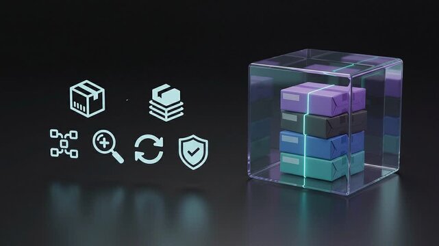 Transparent cube with stacked boxes and glowing icons processing data