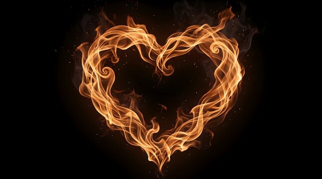 Fiery heart shape made of flames against a black background, symbolizing passion and intense love