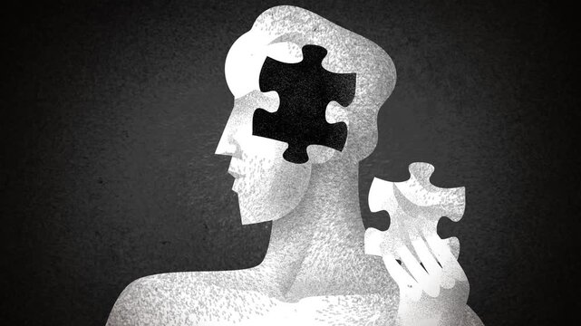 person completing their head with a missing jigsaw puzzle piece