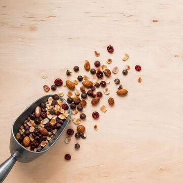 Trail Mix Spilling From Scoop on Wooden Table Overhead View