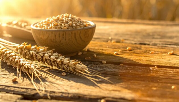 Golden Wheat Grains and Ear of Wheat on Rustic Wooden Table