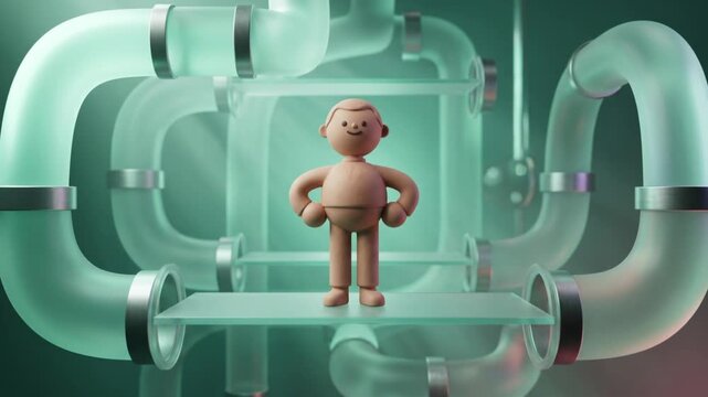 腸管を模したチューブ型回廊のプラットフォームで、不調から回復して自信を見せるクレイ調マスコットの3D動画
