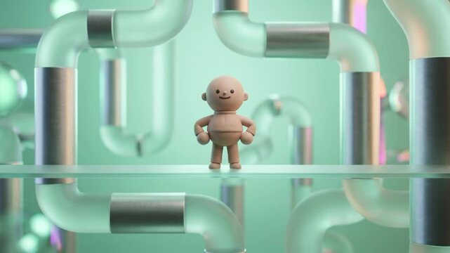 腸管を模したチューブ型回廊のプラットフォームで、不調から回復して自信を見せるクレイ調マスコットの3D動画