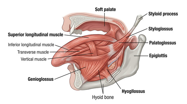 Anatomical illustration of human tongue muscles showing extrinsic and intrinsic muscle groups