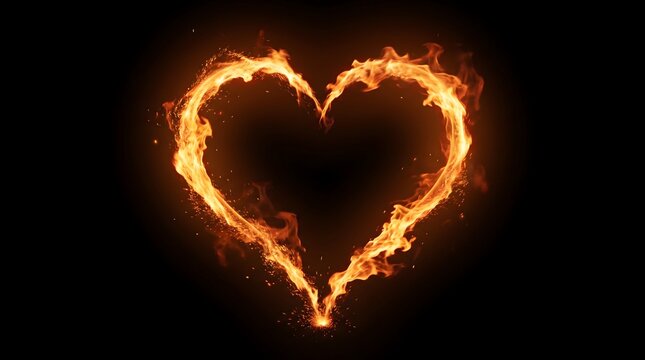 Fiery heart shape against a dark background symbolizing passion and intensity of love