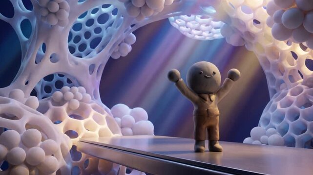 肺胞を模した未来的な浄化施設で、不調から回復して希望を示すクレイ調マスコットの3D動画