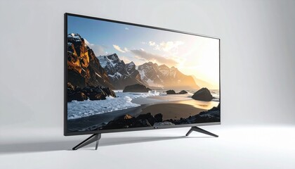 Fototapeta premium Modern Flat Screen TV Displaying a Scenic Mountain Landscape