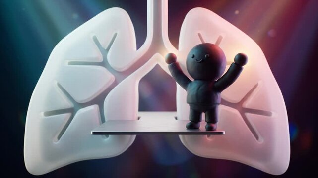 肺のシルエットを模した未来的な施設で、不調から回復し希望を示すクレイ調マスコットの3D動画