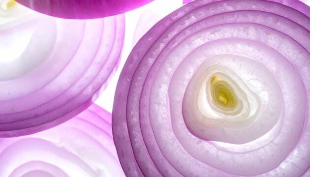 Translucent thin slices of red onion against white light.