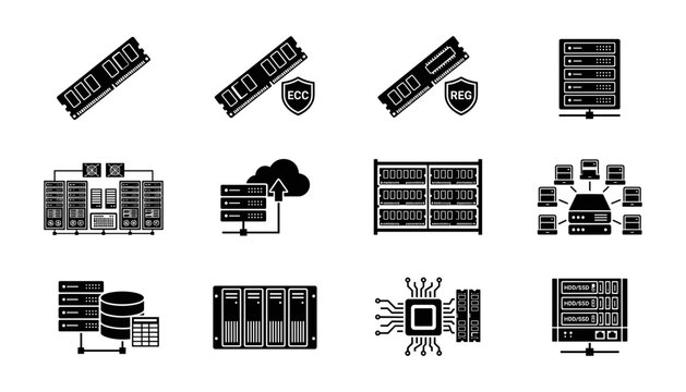 Server Hardware and Memory Icon Set with RAM DIMM Error Correction Code and Data Center Mainframe Symbols Vector Design