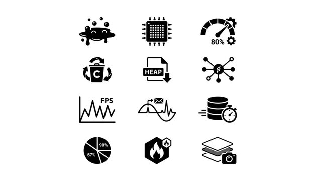 Software Performance Optimization Icon Set with Memory Leak, Garbage Collection, CPU Throttle, and Database Latency Symbols Vector Design