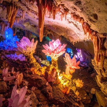 Underground cavern filled with glowing pink and purple crystals.