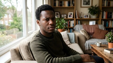Fototapeta premium Thoughtful young Black man sitting on a sofa in a cozy living room looking at the camera.