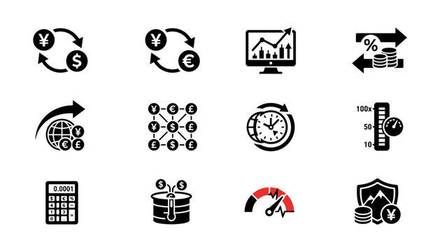 Foreign Exchange Forex Icon Set with Currency Conversion, Stock Market Analytics, Leverage Trading, and Global Economy Symbols Vector Design