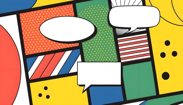 Pop art comic book panel grid background with empty speech bubble frame. Blank dialogue box vector template for story telling, graphic design backdrop, and print layout.
