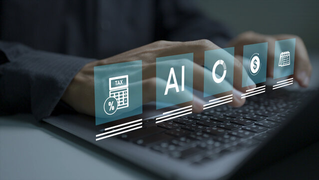 AI technology in finance and accounting. Person using laptop with artificial intelligence and financial analytics icons, automated accounting, intelligent bookkeeping and business finance management.