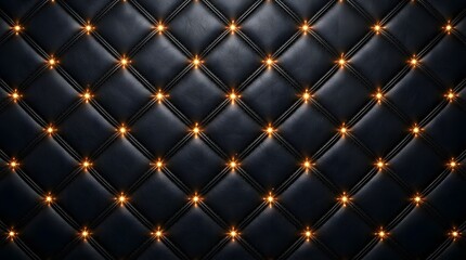 Naklejka premium Luxurious black leather upholstery background with glowing golden button tufted diamond pattern