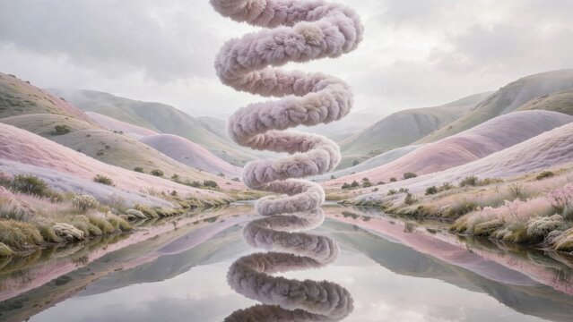 Surreal Spiral Cloud Formation Over Reflective River in Dreamlike Landscape.