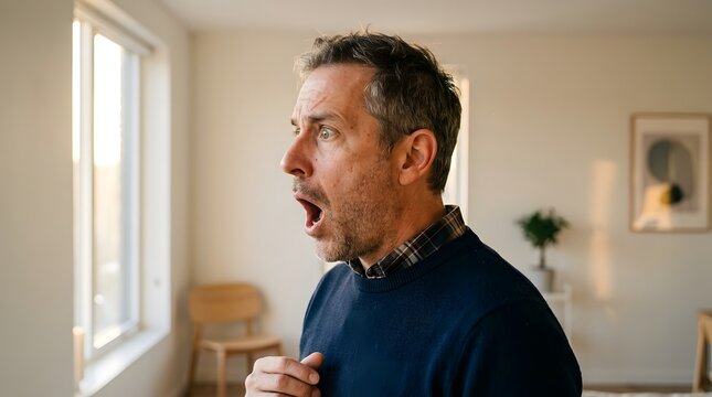 Surprised middle aged man looking out of the window with shocked expression indoors.