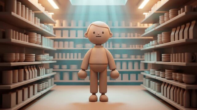 先進的なスマートキッチンで落ち込みから立ち直るクレイ調マスコットの3D動画