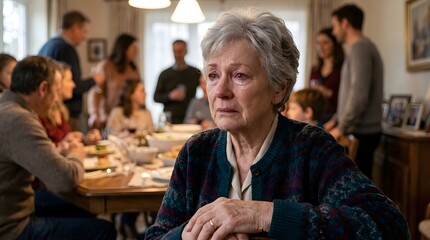 Portrait of a sad senior woman looking tearful and lonely during a family gathering at home. © Eni