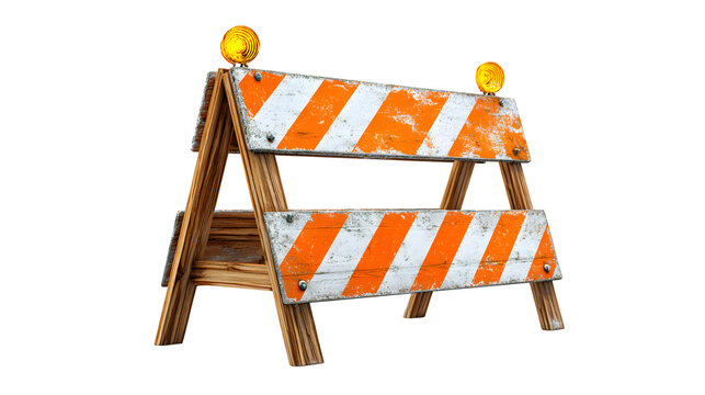 A weathered orange and white striped road barrier with yellow lights on top with white background worn orange construction obstruction indicator