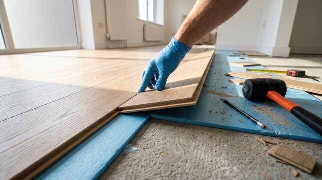 man installing laminate flooring