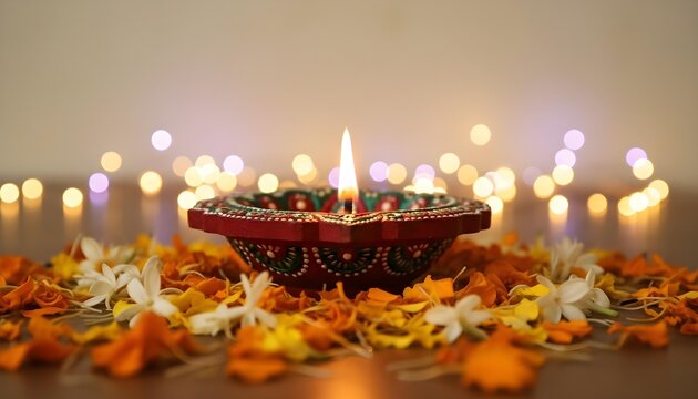 Decorative oil lamp resting amidst vibrant marigold petals under soft glowing string light bokeh background with jasmine flowers blurred presents hand painted