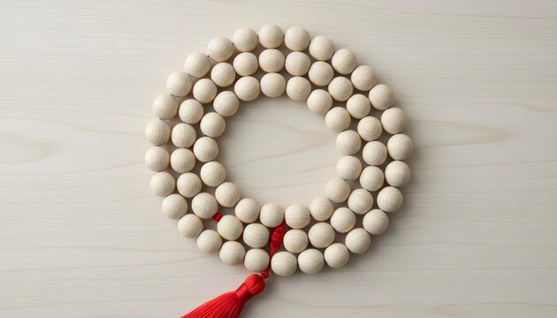 Circular wooden prayer beads arranged neatly with vibrant red tassel on light textured surface with displays circular arrangement beads with beads