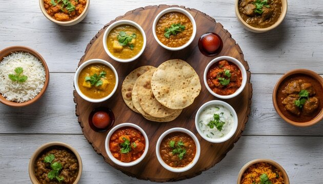 Traditional indian thali platter featuring assorted curries raita and flatbreads on rustic wood board with arrangement diverse regional circular wooden platter