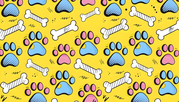 Cute comic pop art paw and bone pattern background. Bright vector graphics ideal for veterinary clinic poster, pet shop merchandise, apparel print, and product packaging.