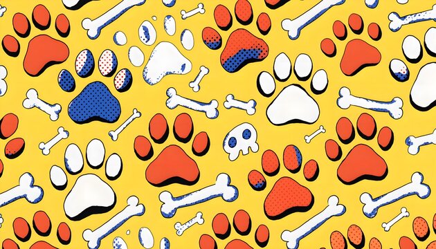Retro pop art paw print and bone seamless pattern for pet project. Fun comic vector texture for animal shelter banner, stationery, gift wrap, and creative backdrop.