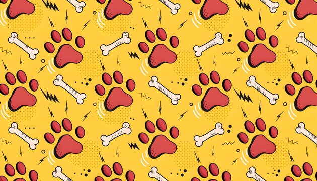 Comic pop art pet paw print and bone vector seamless pattern background. Vibrant animal footprint texture for pet accessory fabric design, packaging, and cover art.