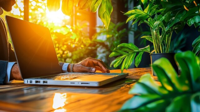 Remote Work Productivity in Nature at Golden Hour with Laptop