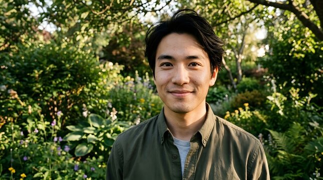 Portrait of a smiling young Asian man standing in a lush green garden during golden hour.