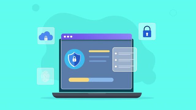 Modern flat vector animation of a laptop cloud security dashboard with shield, lock, cloud storage, and data protection interface elements for digital security concepts.