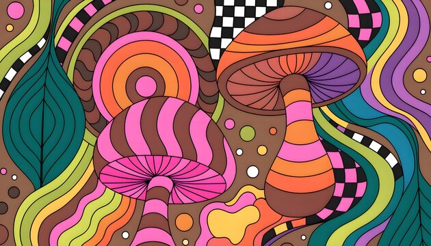 Retro pop art mushroom and psychedelic seamless pattern in earthy neon tones. Vibrant trippy fungi vector background for 70s apparel, wrapping paper, and creative print design.
