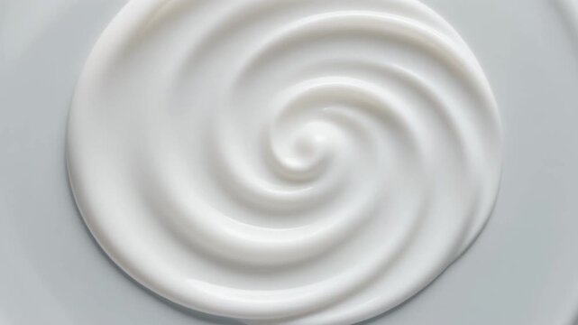 Thick white cosmetic cream swirls and folds across glass, forming smooth continuous ripples under soft top lighting with clean ivory and light grey tones, minimalist motion.
