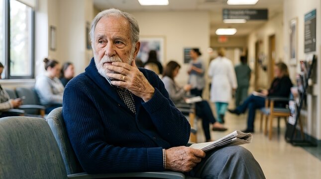 Thoughtful senior man sitting in a hospital waiting room, looking pensive and holding a brochure.