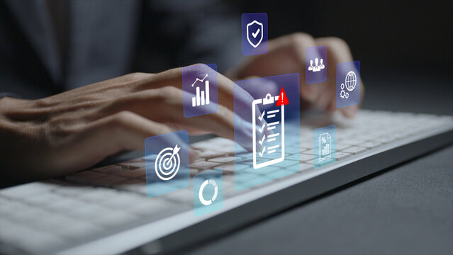 Business and investment risk management concept. Person typing keyboard with risk analysis and financial icons, investment assessment, risk mitigation and strategic decision making.
