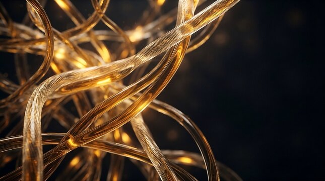 Macro abstract background of flexible transparent silk-textured tubules filled with glowing liquid amber.