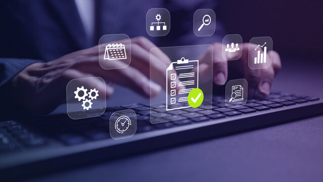 Task management systems concept. Person typing keyboard with task tracking and workflow icons, project management, productivity, scheduling and team collaboration.