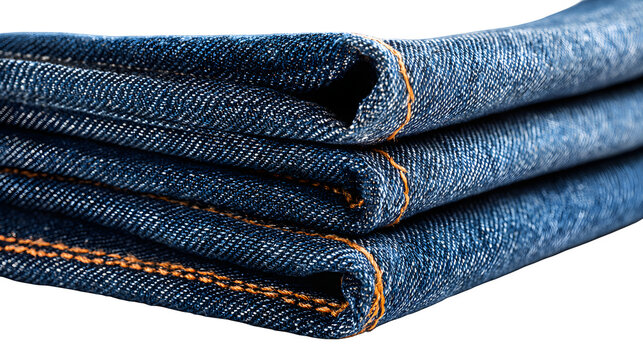 Stack of folded blue jeans with orange stitching with stitching white background clothing material textile fashion fabric denim