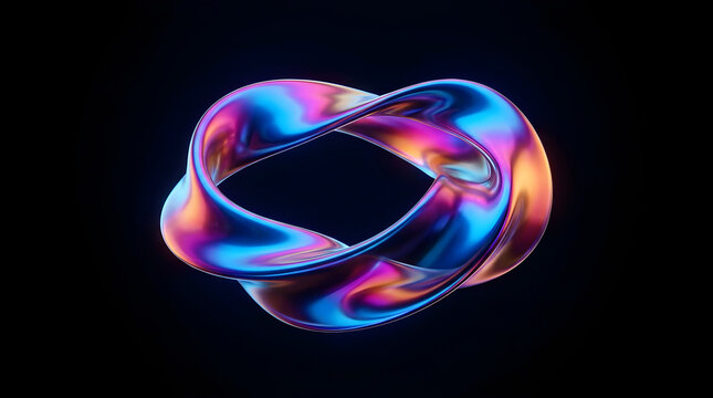 Abstract 3d render of a metallic iridescent mobius strip loop against a dark background